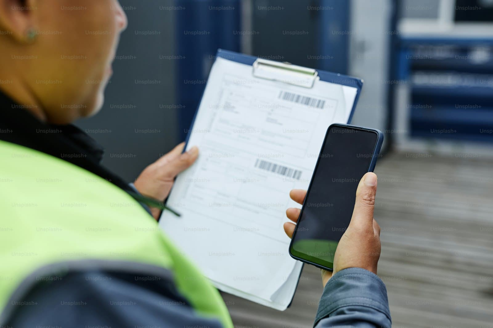 Inspector reviewing a shipping document on a clipboard